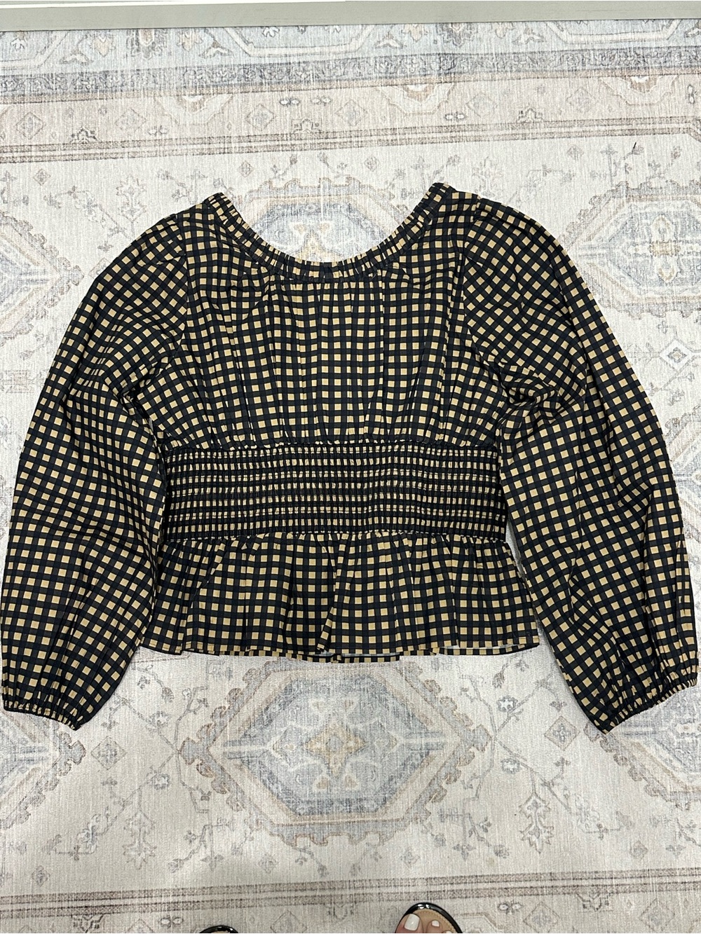 Anthropologie Smocked Waist Black and Tan Check Peplum Blouse - Women Tops - Picture 6 of 7